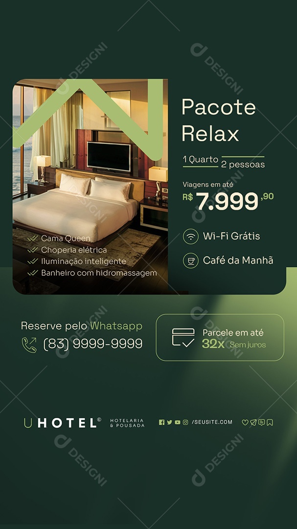 Story Hotelaria e Pousada Pacote Relax Reserve pelo Whatsapp Social Media PSD Editável