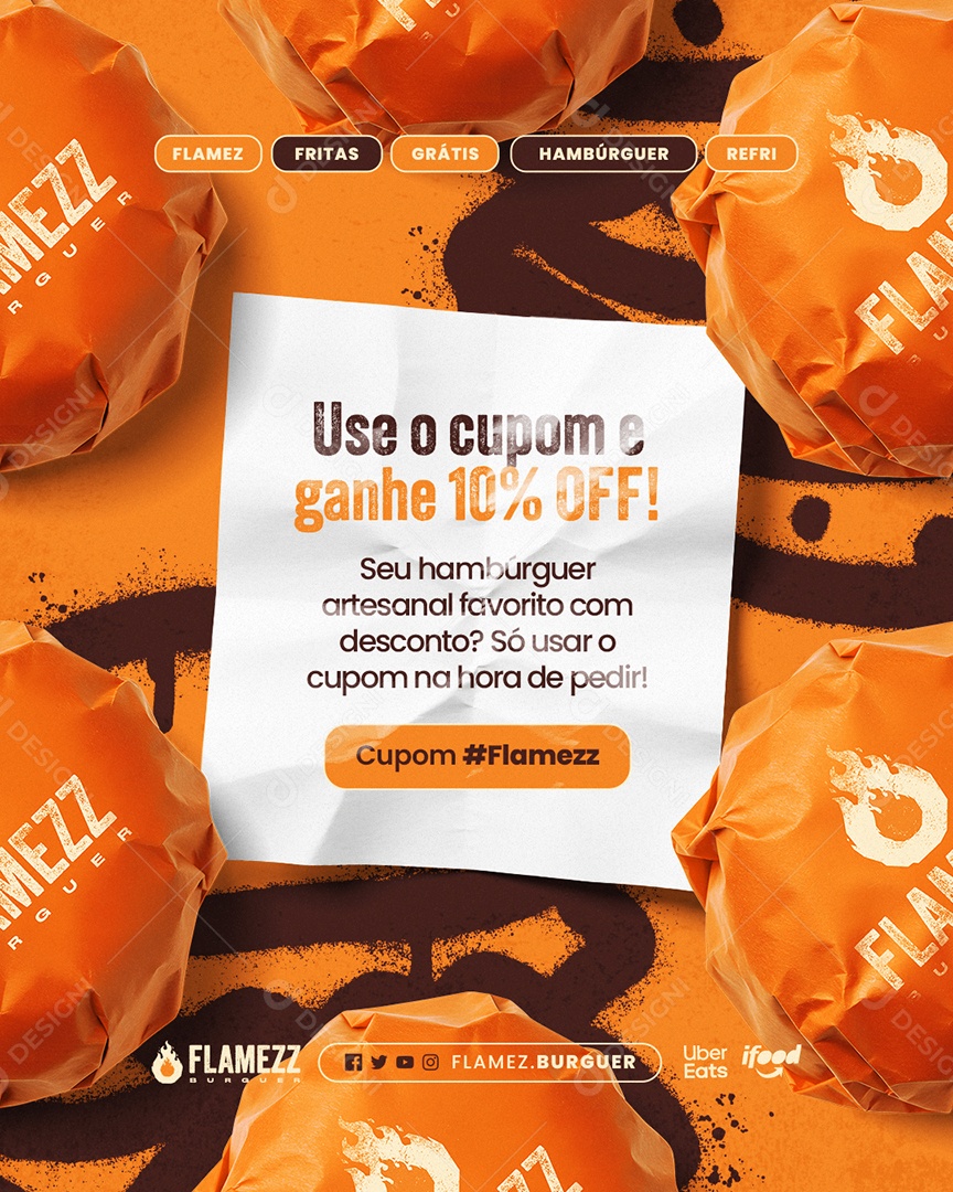 Hamburgueria Use o Cupom e Ganhe 10% Off Social Media PSD Editável