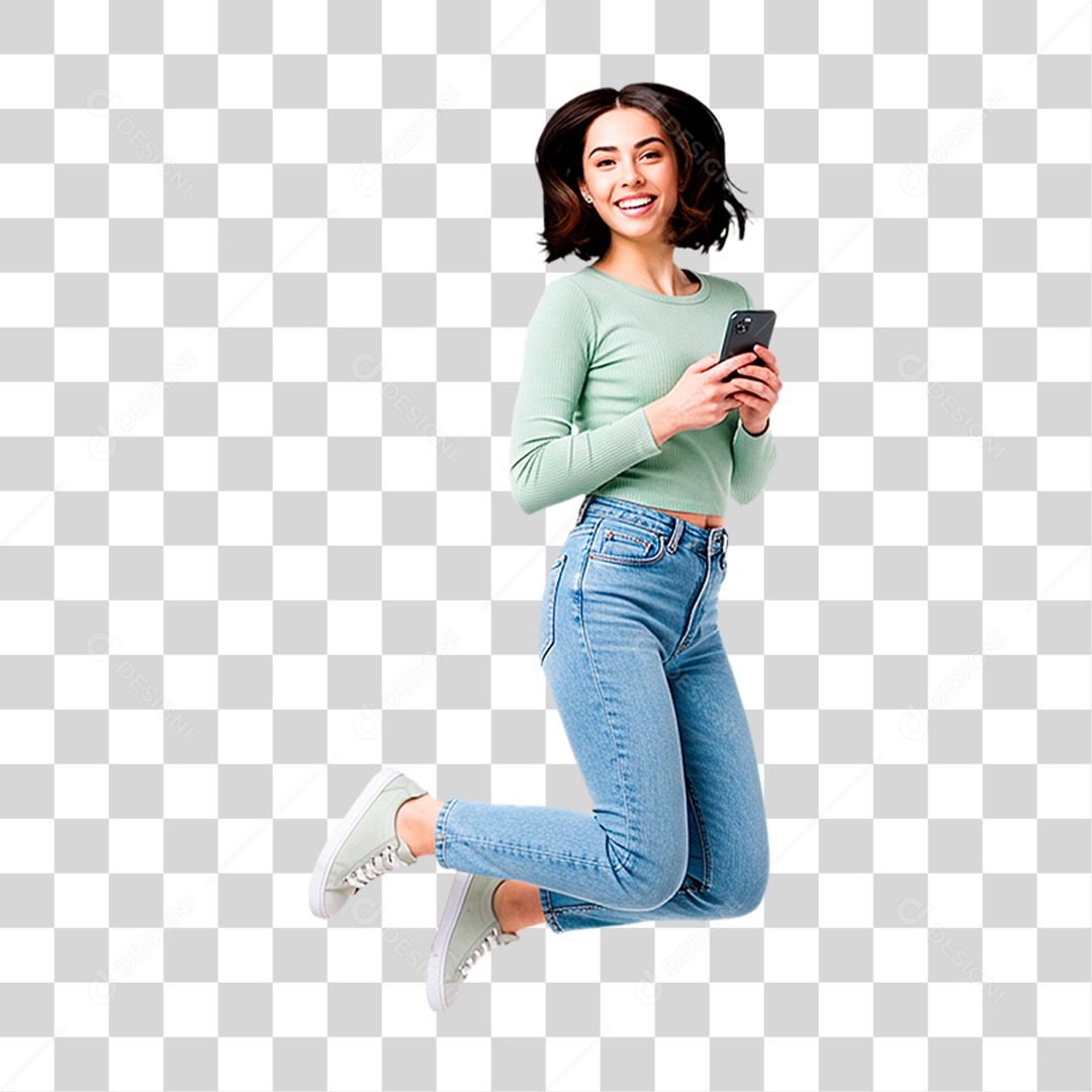 Mulher com Celular PNG Transparente