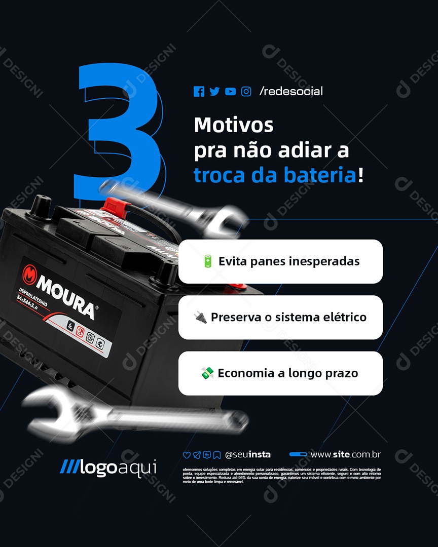 Oficina Três Motivos pra Não Adiar a Troca da Bateria Social Media PSD Editável