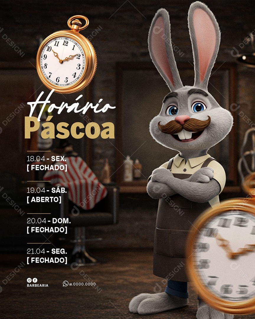 Aviso Horário de Páscoa Barbearia Social Media PSD Editável