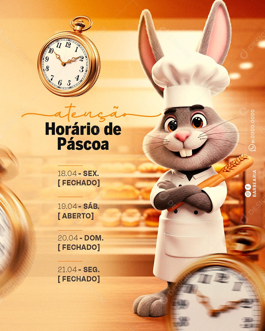 Aviso Horário de Páscoa Padaria Social Media PSD Editável