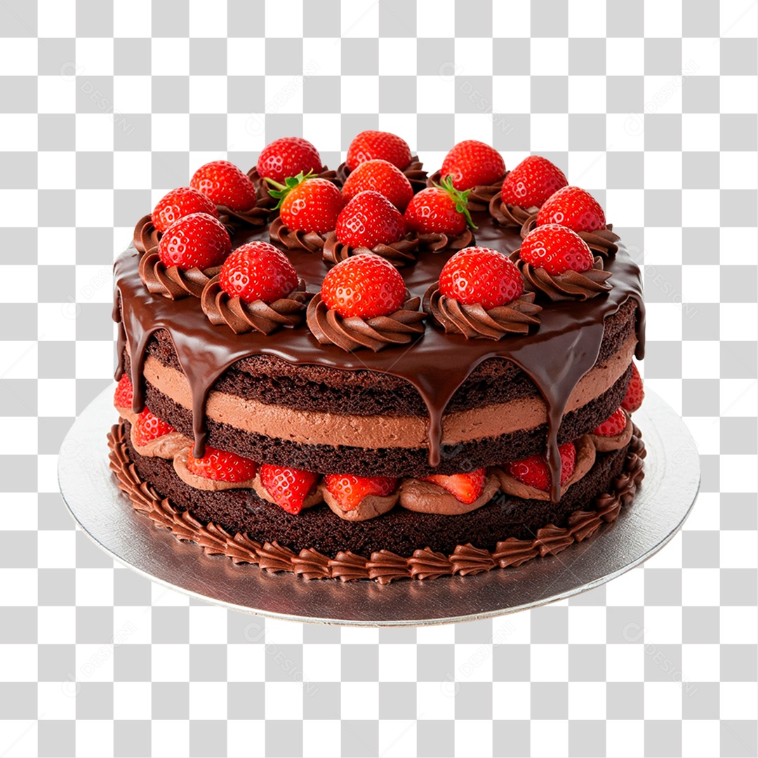 Bolo de Chocolate com Cobertura e Frutas PNG Transparente