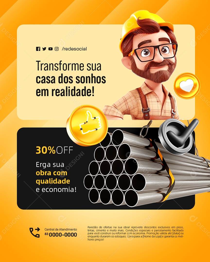 Material de Construção Barras de Aço Erga sua Obra Social Media PSD Editável