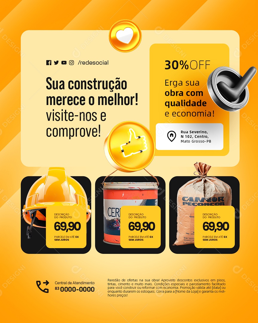 Material de Construção Erga sua Obra com Qualidade e Economia Social Media PSD Editável