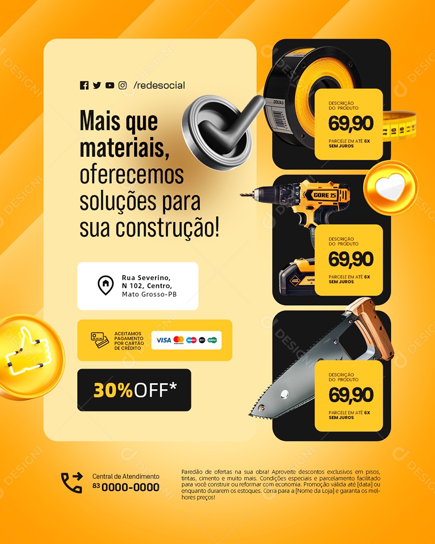 Material de Construção Oferecemos Soluções Social Media PSD Editável