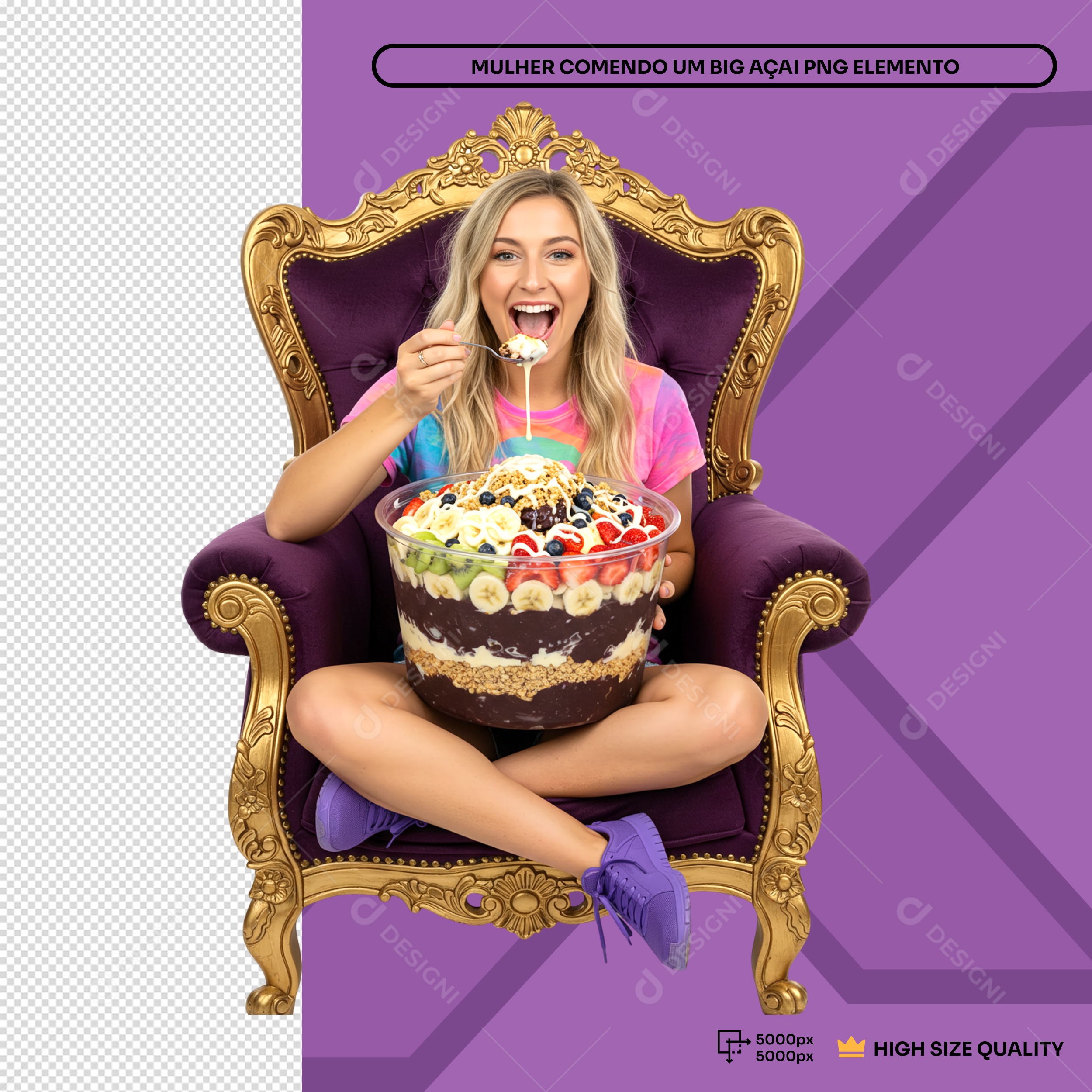 Mulher Sentada Em Poltrona Comendo Açai Elemento 3D Para Composição PSD Editável