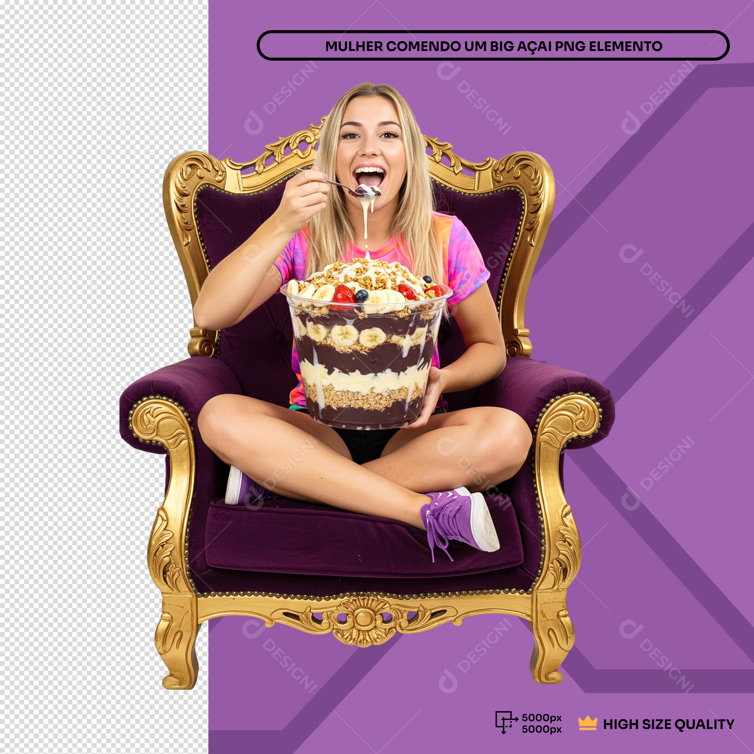 Mulher Sentada Em Poltrona Comendo Açai Elemento 3D Para Composição PSD Editável