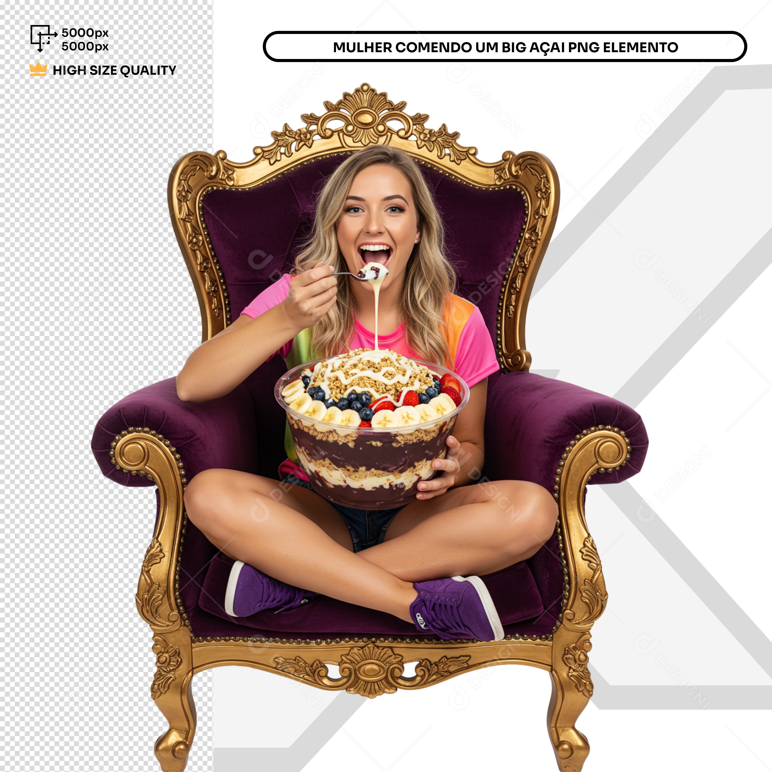 Mulher Sentada Em Poltrona Comendo Açai Elemento 3D Para Composição PSD Editável