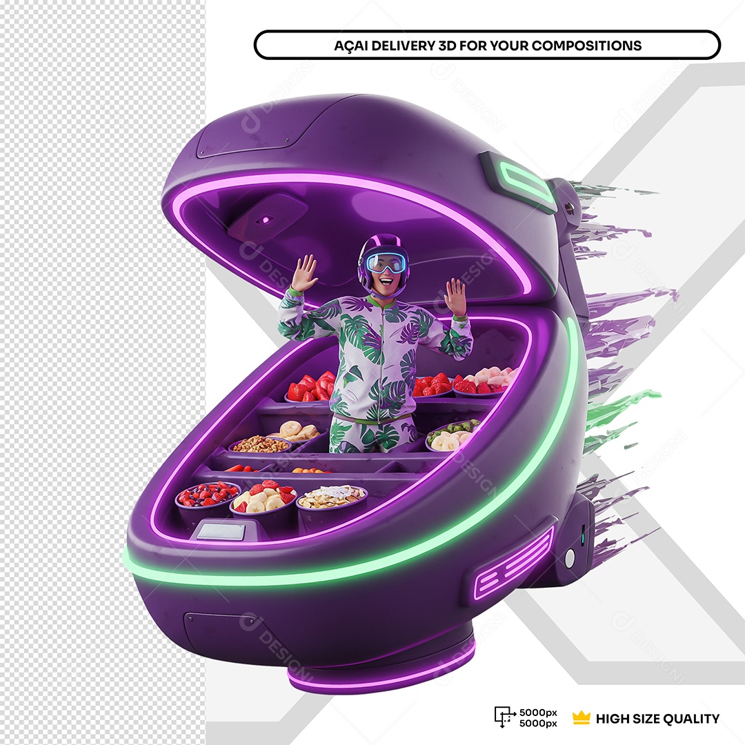 Homem Dentro De Nave Com Varios Ingredientes Para Açai Elemento 3D Para Composição PSD Editável