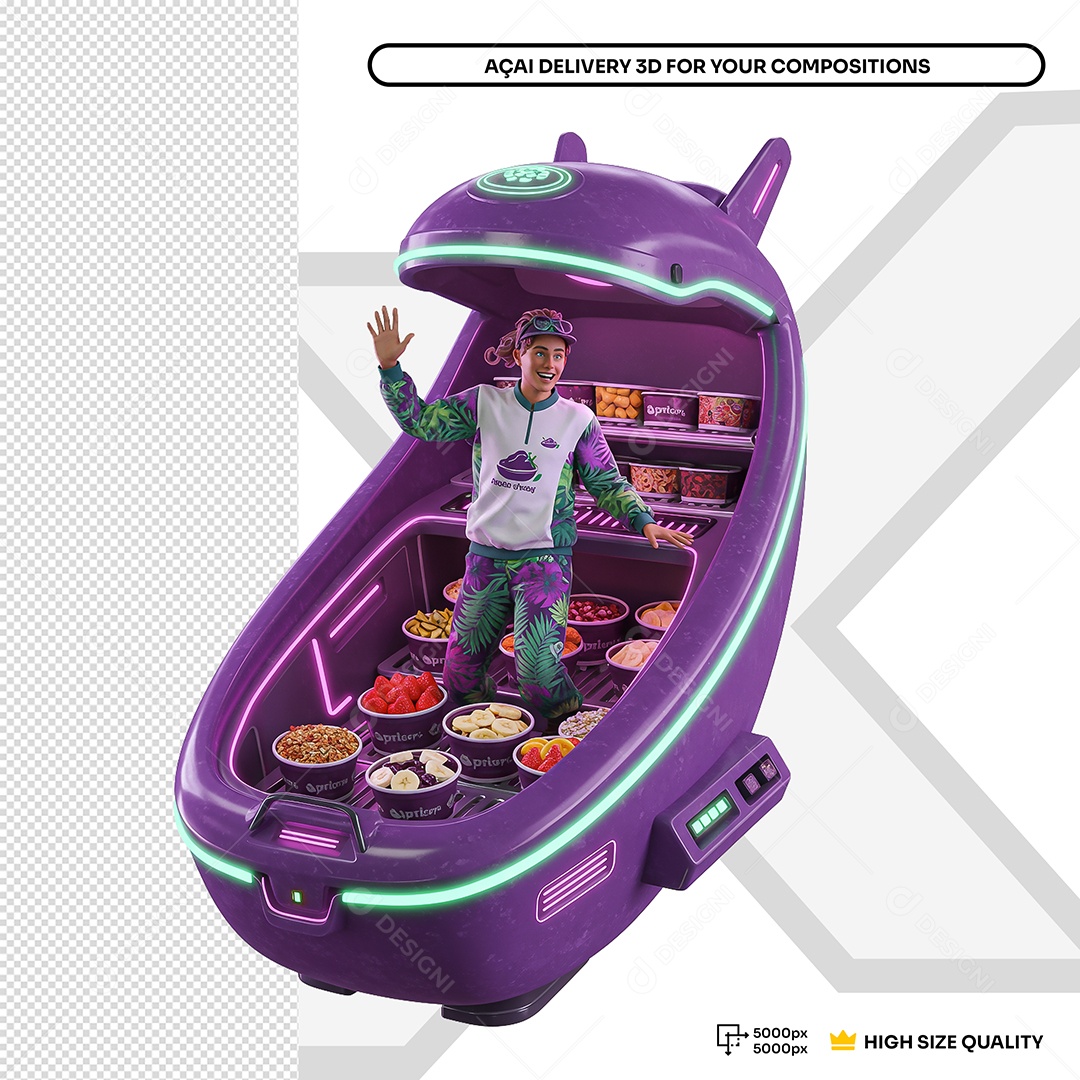 Homem Dentro De Nave Com Varios Ingredientes Para Açai Elemento 3D Para Composição PSD Editável