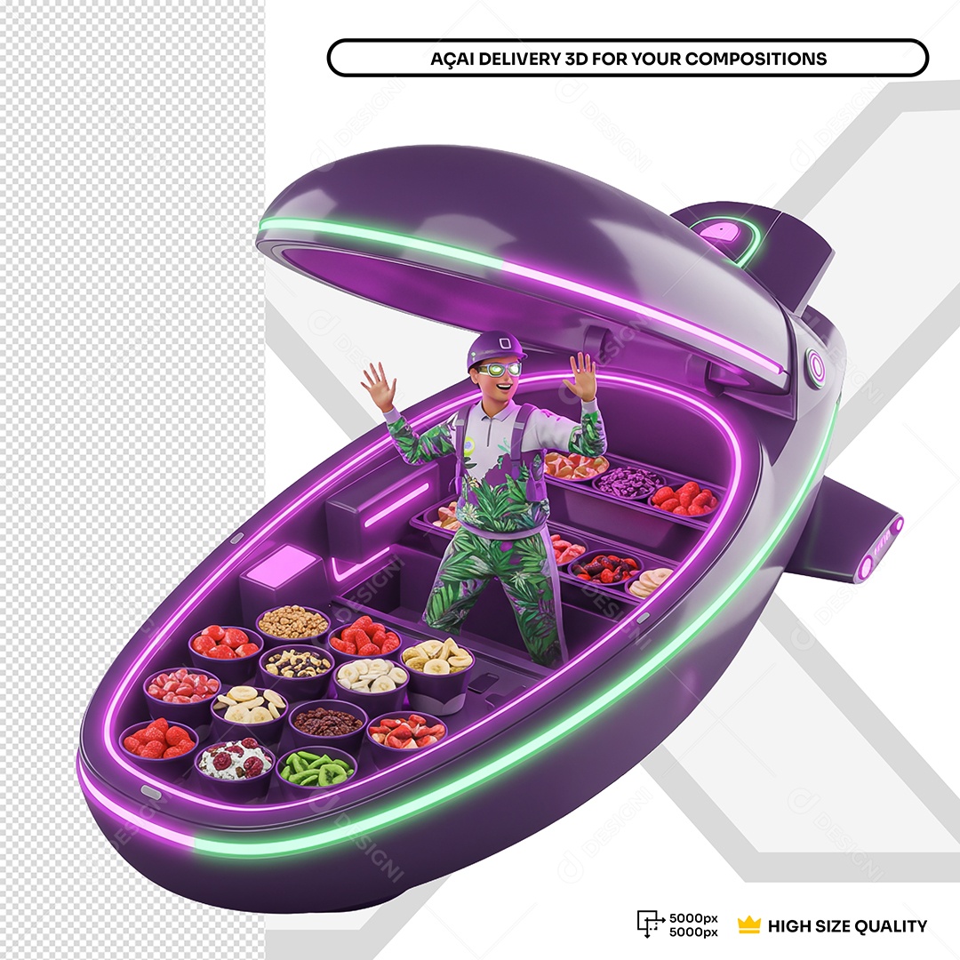 Homem Dentro De Nave Com Varios Ingredientes Para Açai Elemento 3D Para Composição PSD Editável