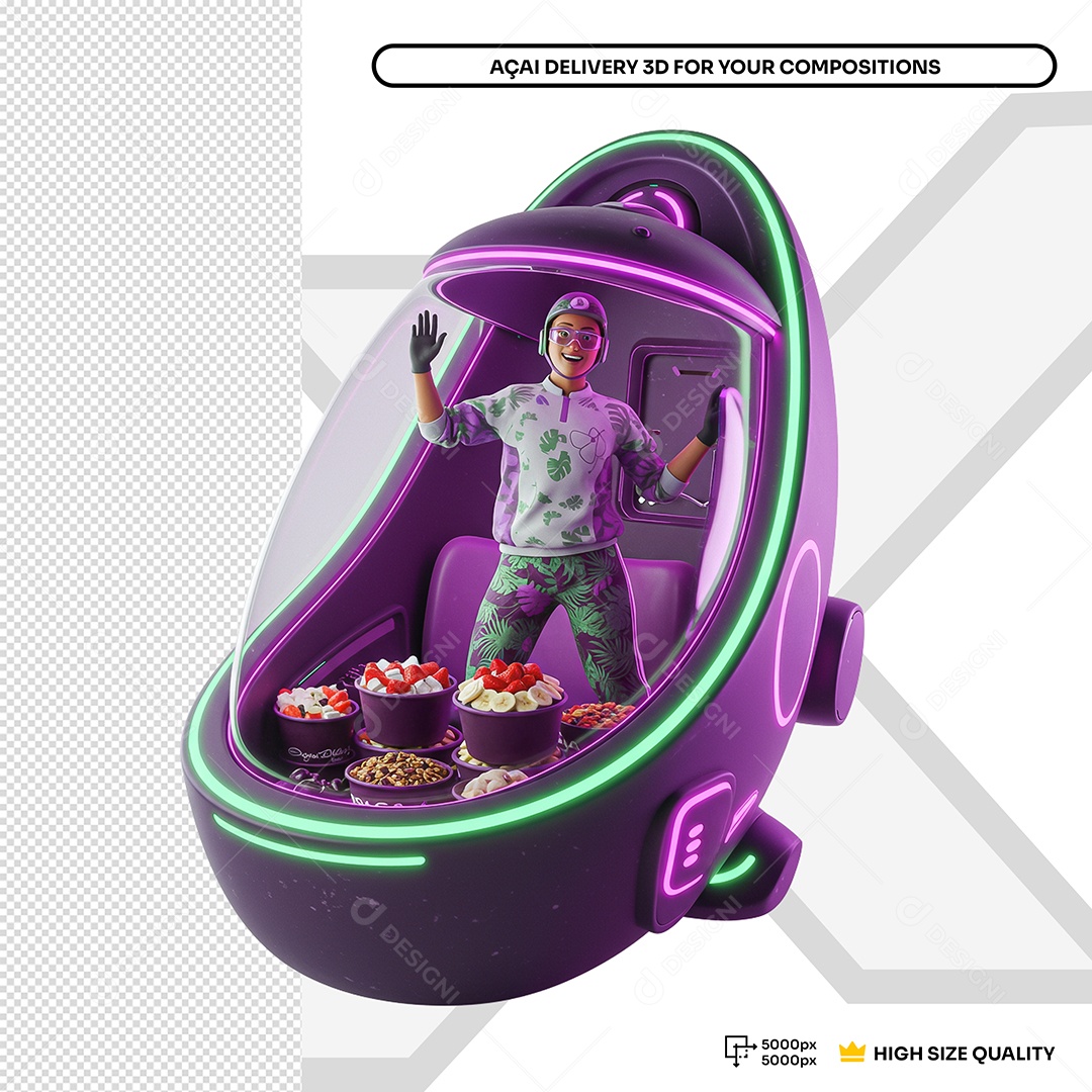 Homem Dentro De Nave Com Varios Ingredientes Para Açai Elemento 3D Para Composição PSD Editável
