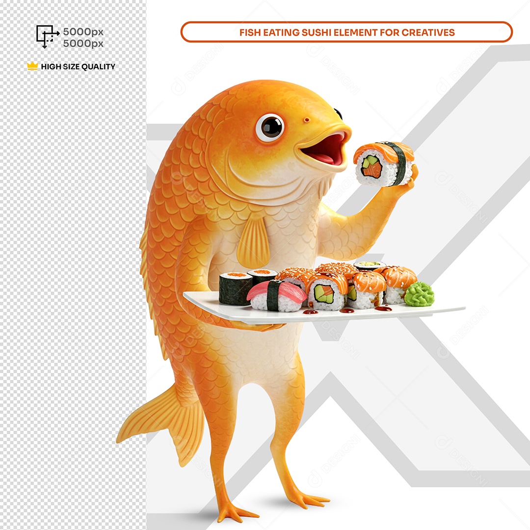 Peixe Comendo Sushi Elemento 3D Composição PSD