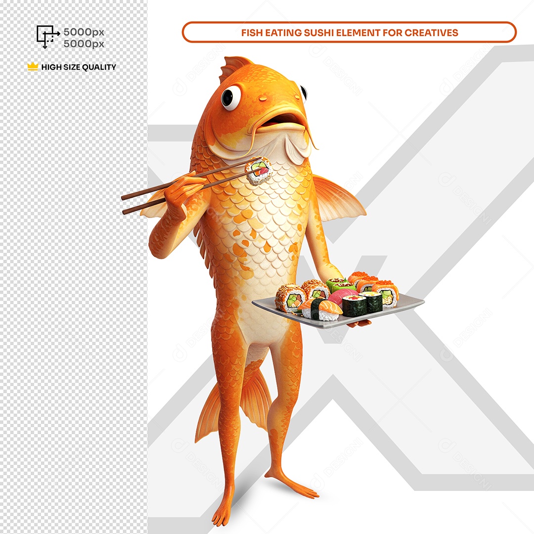 Peixe Comendo Sushi Elemento 3D Composição PSD
