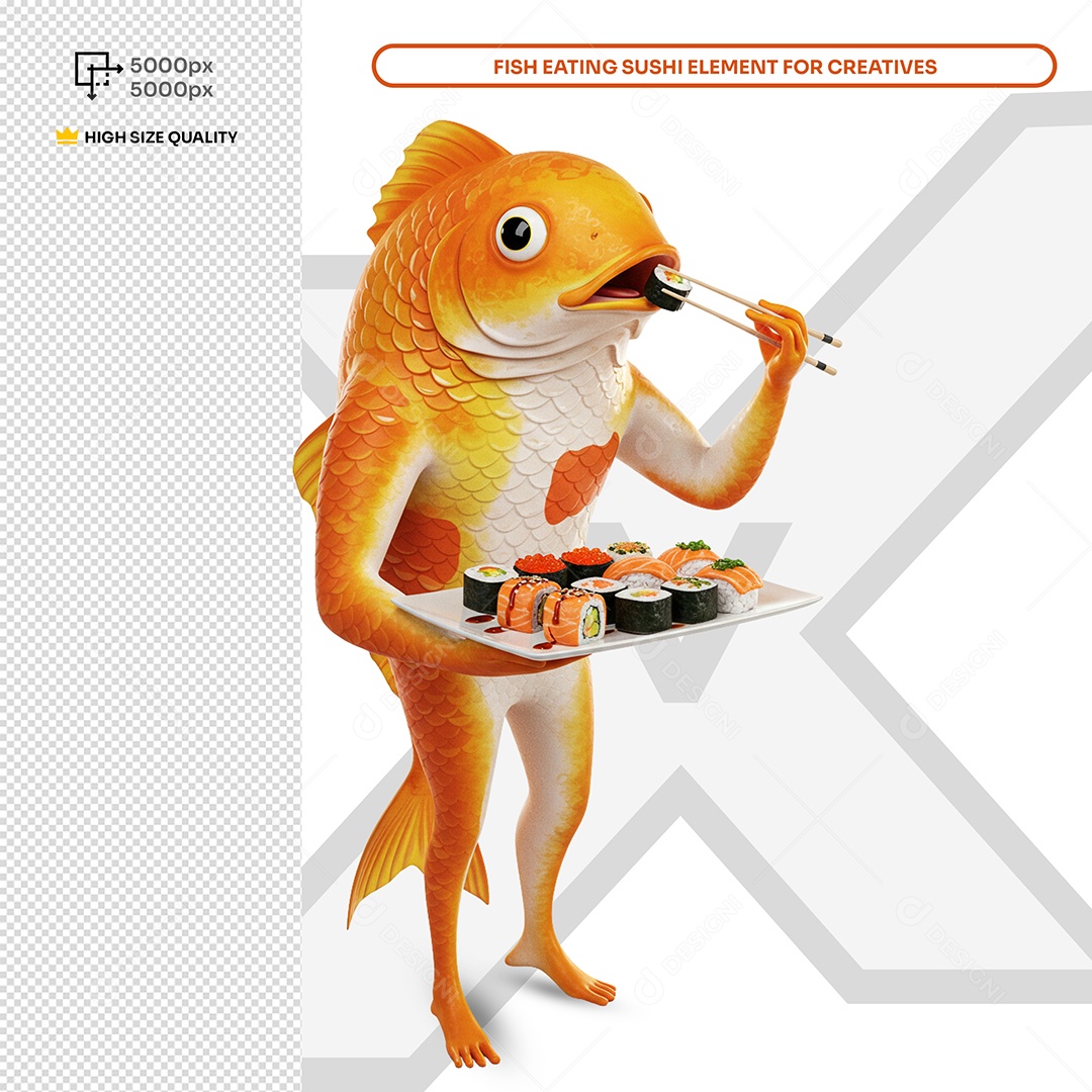 Peixe Comendo Sushi Elemento 3D Composição PSD