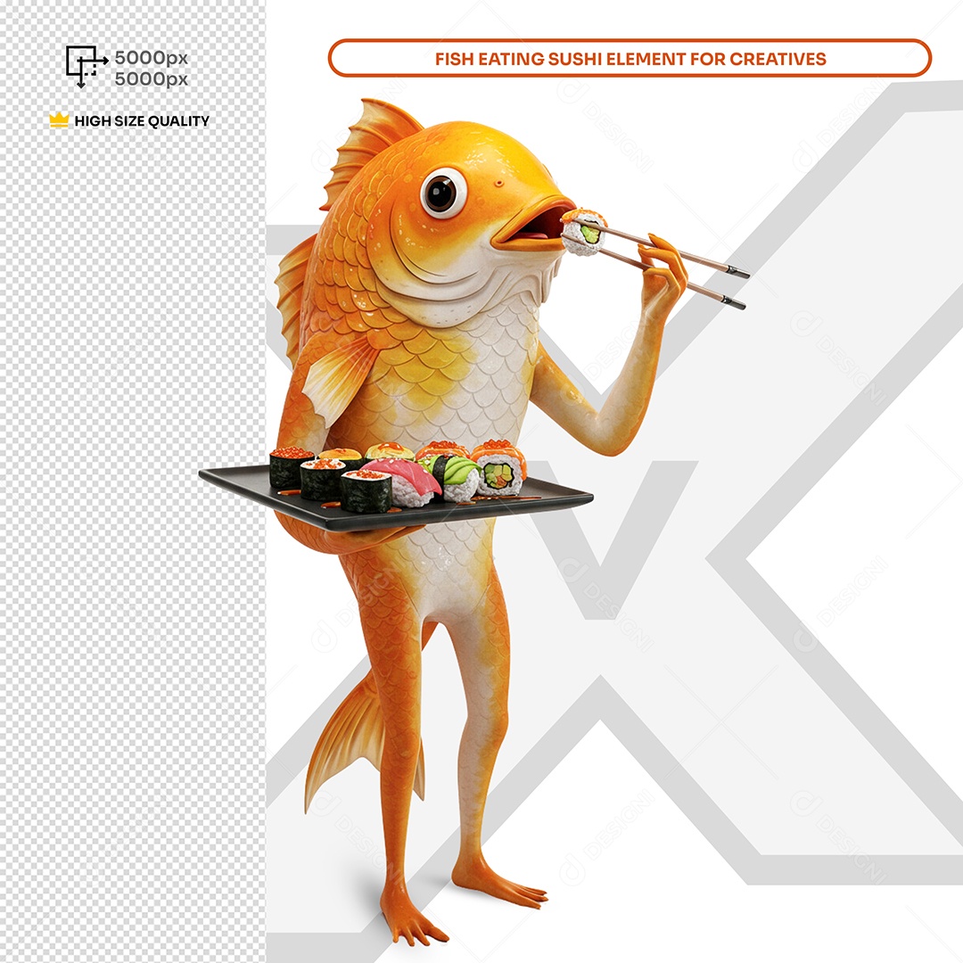 Peixe Comendo Sushi Elemento 3D Composição PSD