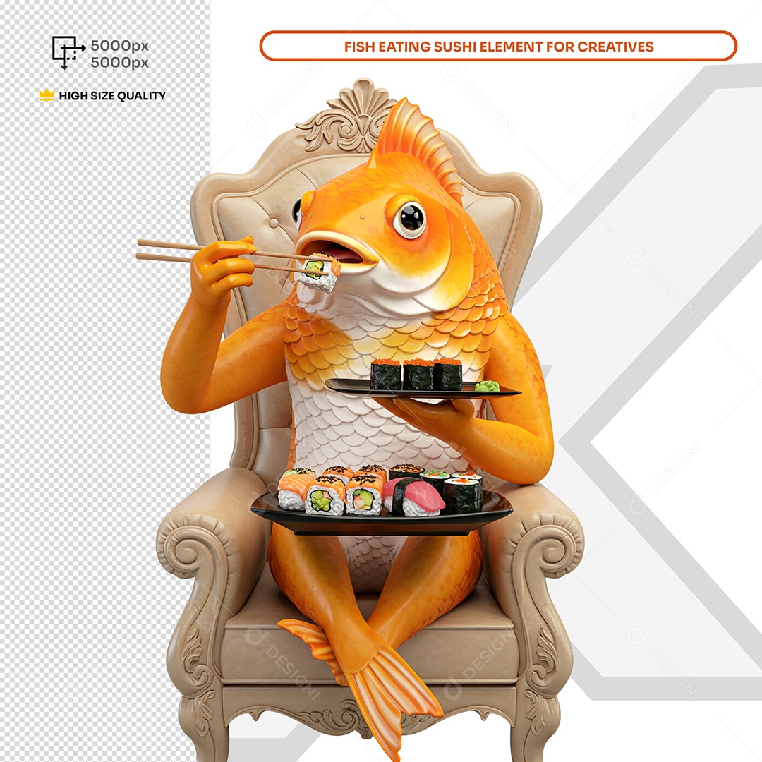 Peixe Comendo Sushi Elemento 3D Composição PSD