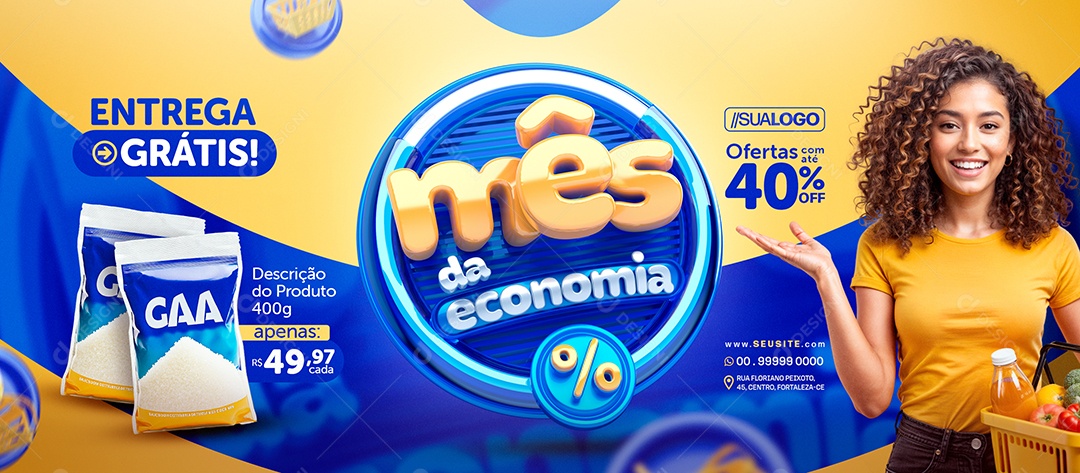 Banner Supermercado Mês da Economia Entrega Grátis Social Media PSD Editável