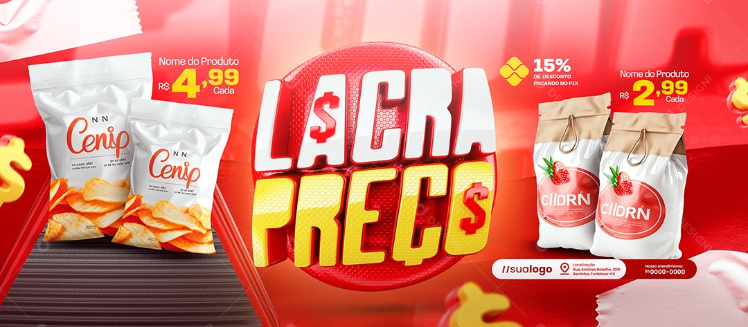 Banner Supermercado Lacra Preço Produtos Social Media PSD Editável