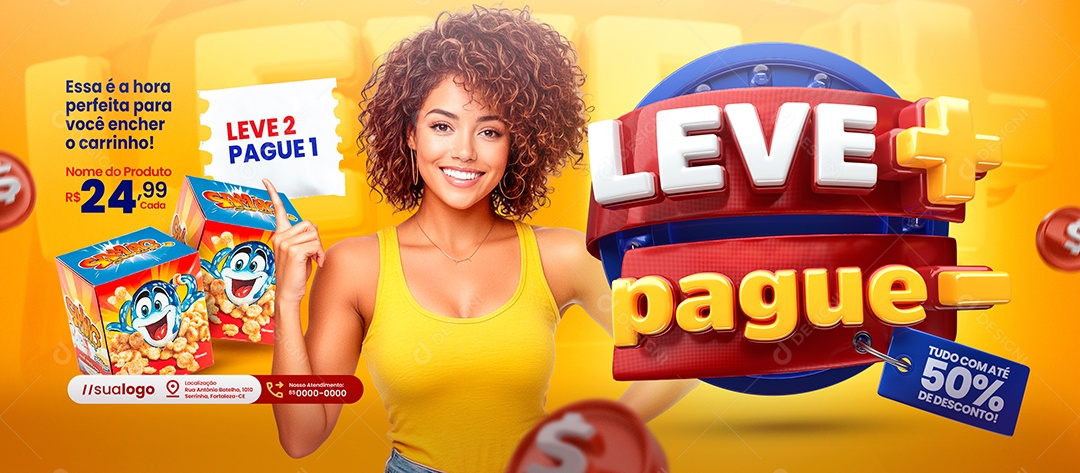 Banner Supermercado Leve Mais Pague Menos Cereais Social Media PSD Editável