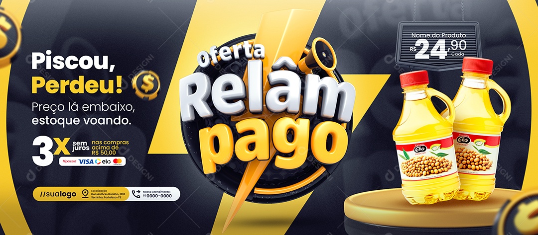 Banner Supermercado Oferta Relâmpago Litros de Óleo Social Media PSD Editável