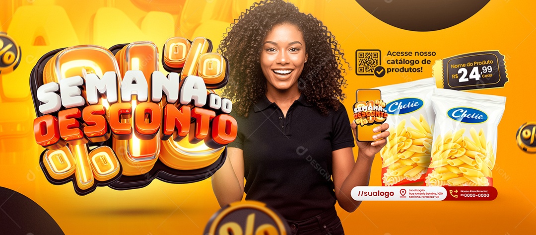 Banner Supermercado Semana do Desconto Pacote de Macarrão Social Media PSD Editável