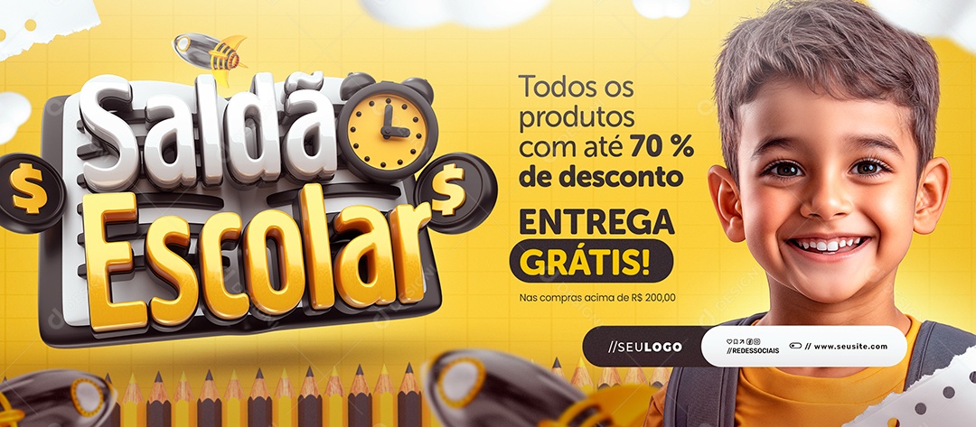 Banner Saldão Escolar Papelaria Entrega Grátis Social Media PSD Editável