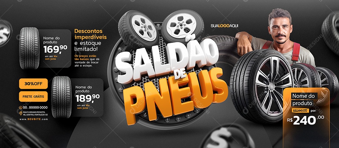 Banner Saldão de Pneus Descontos Imperdíveis Social Media PSD Editável