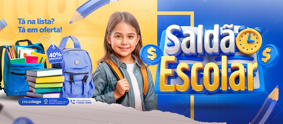 Banner Saldão Escolar Papelaria Tá na Lista Social Media PSD Editável