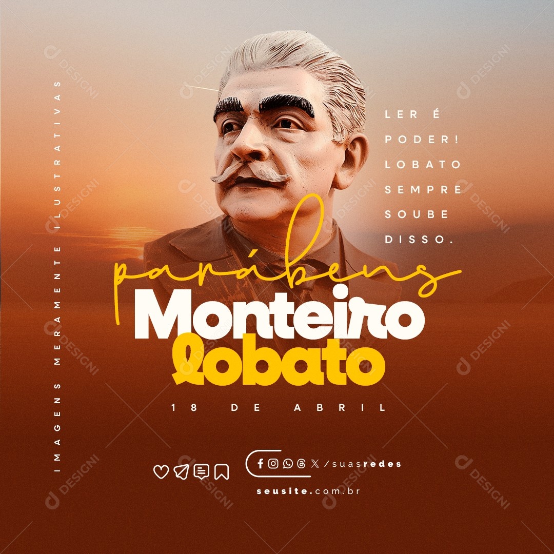 Dia de Monteiro Lobato 18 de Abril Parabéns Social Media PSD Editável