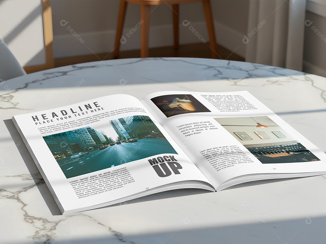 Revista na Mesa de Mármore Mockup PSD Editável