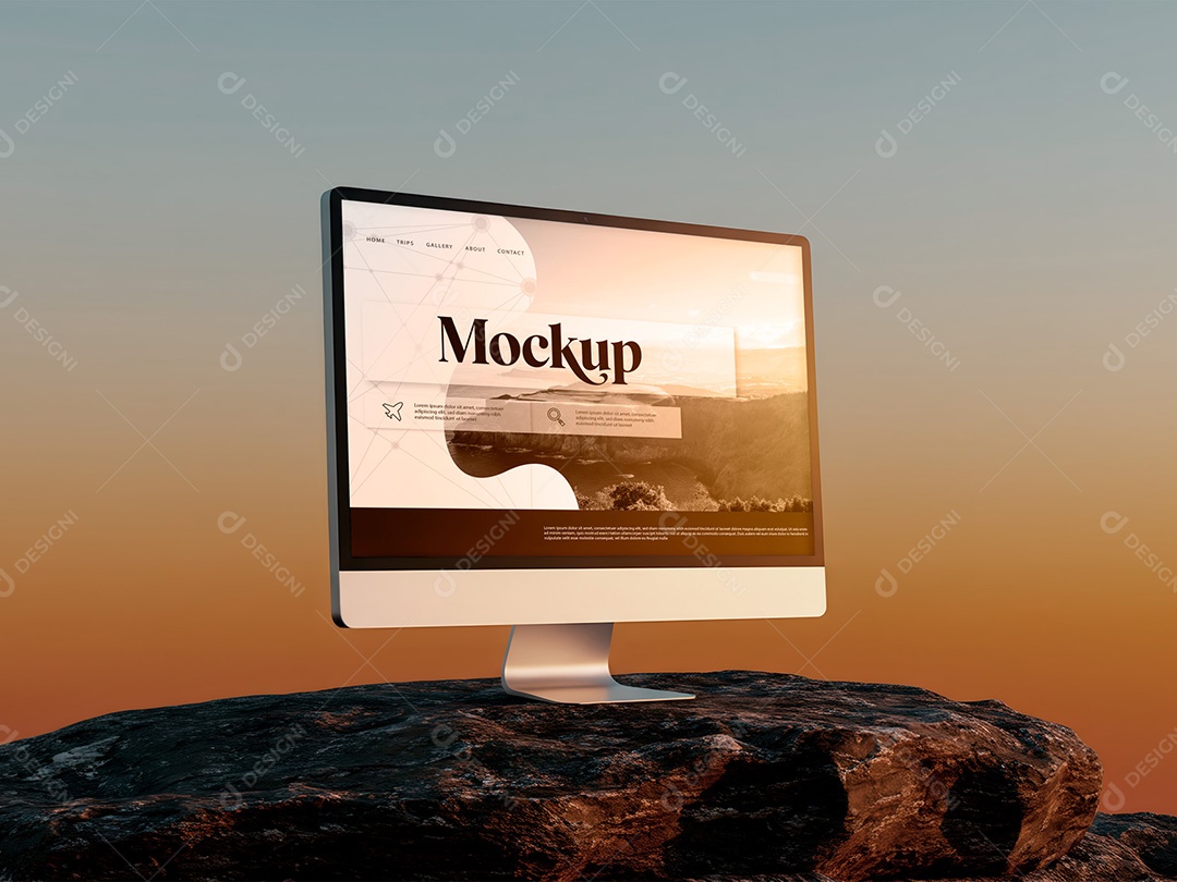 Computador na Rocha com Pôr do Sol Mockup PSD Editável