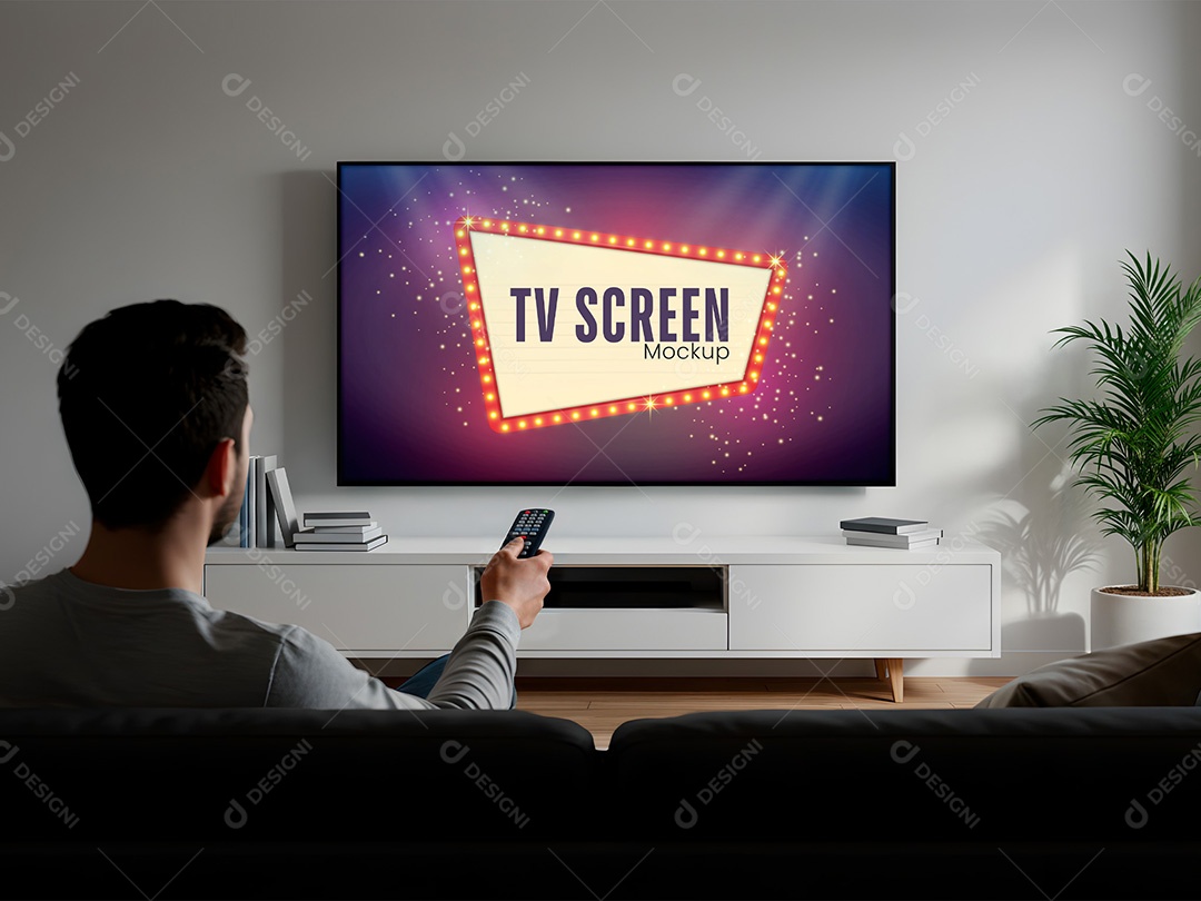 Homem Assistindo Tv na Sala Mockup PSD Editável