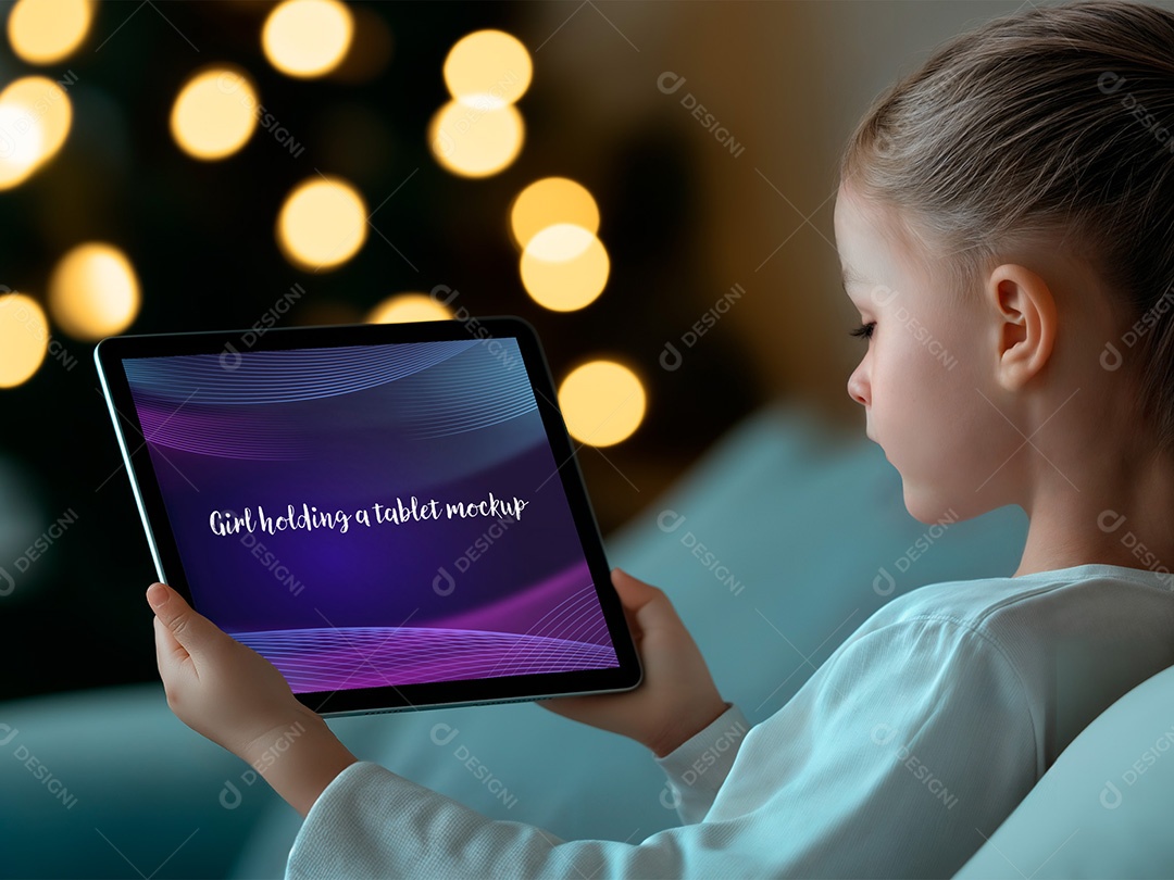 Menina Segurando um Tablet Mockup PSD Editável
