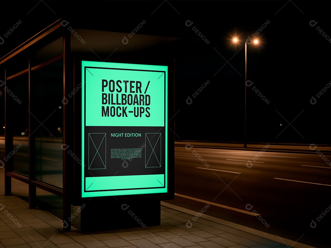 Outdoor no Ponto de Ônibus a Noite Mockup PSD Editável