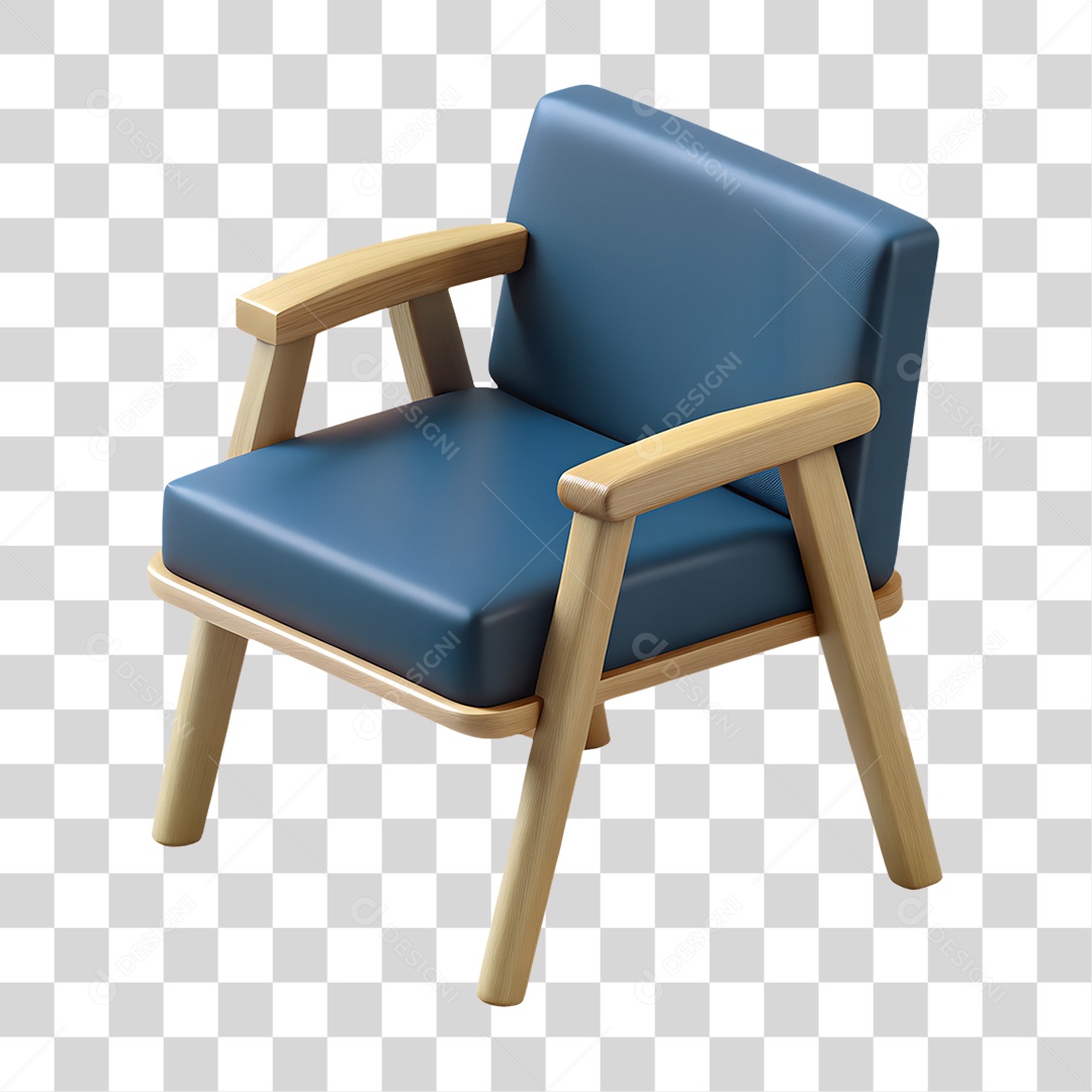 Poltrona Azul com Base de Madeira PNG Transparente