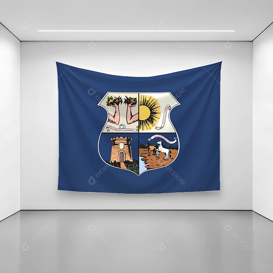 Bandeira da cidade de Belém exposta em uma parede de uma sala