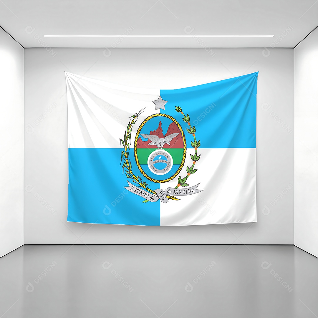 Bandeira do estado do Rio de Janeiro exposta em uma parede de uma sala