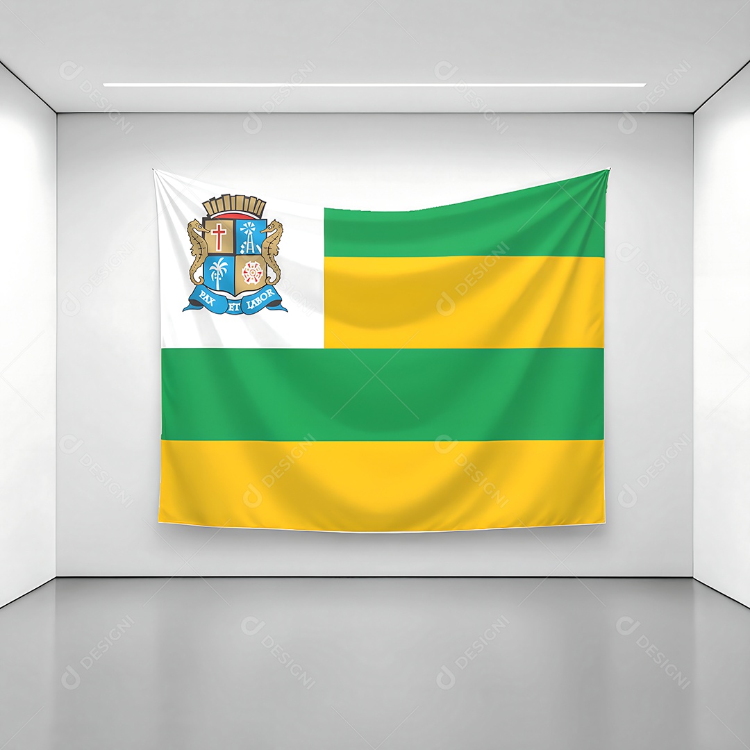 Bandeira da cidade de Aracajú exposta em uma parede de uma sala