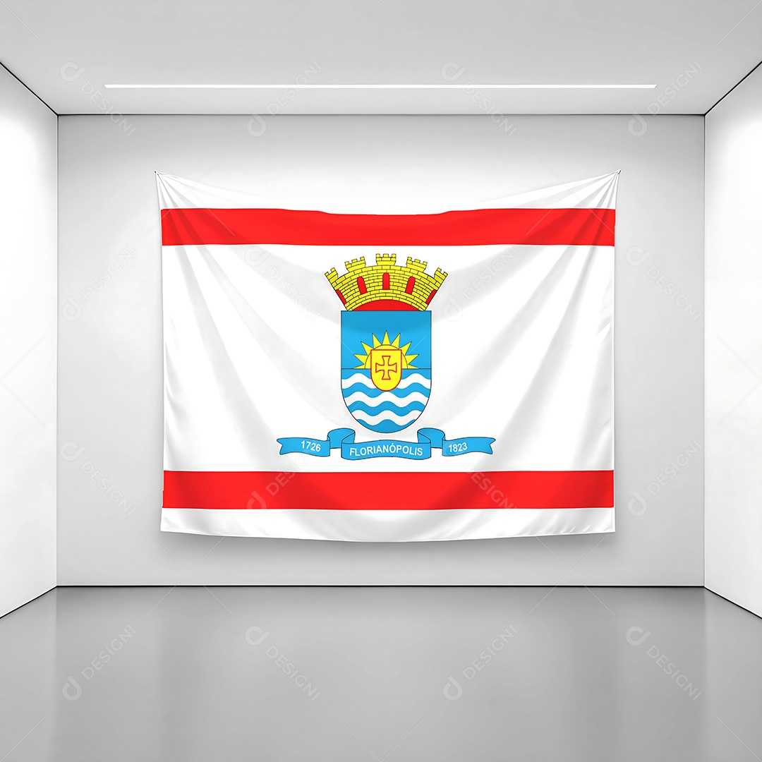 Bandeira da cidade de Florianópolis exposta em uma parede de uma sala