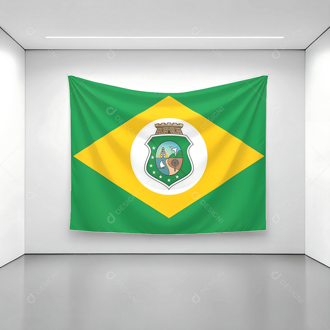 Bandeira do estado do Ceará exposta em uma parede de uma sala