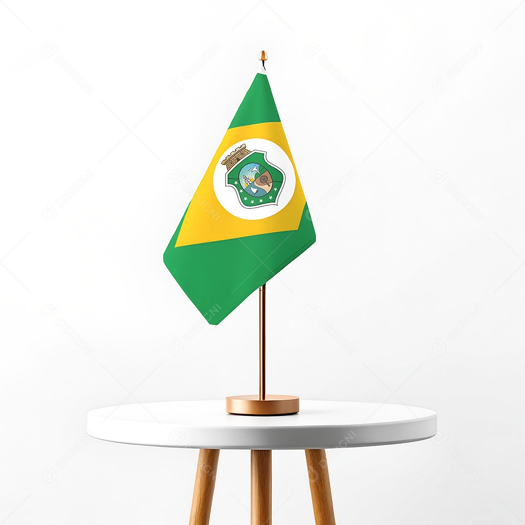 Mini-bandeira do estado do Ceará hasteada em cima de uma mesa