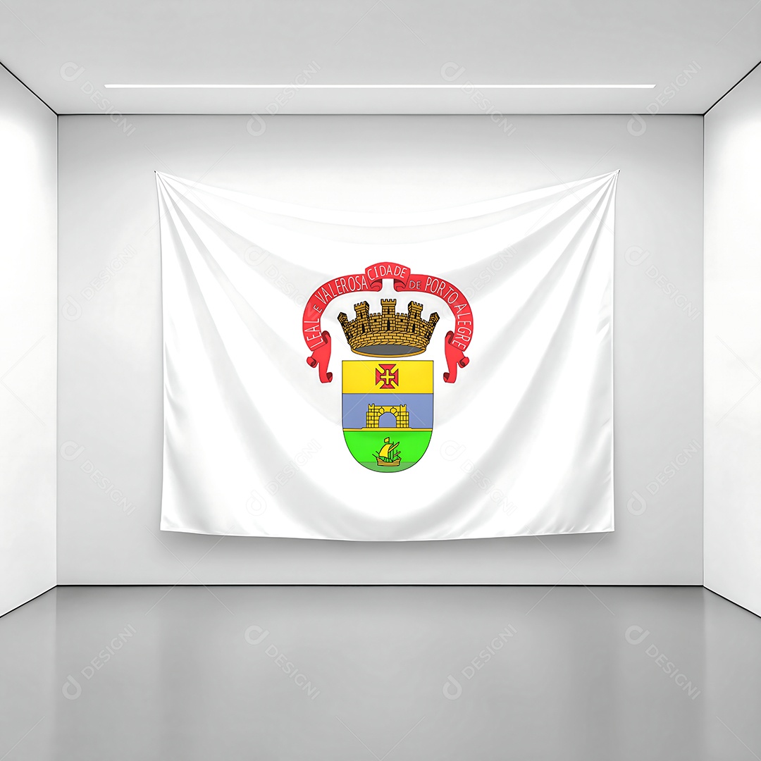 Bandeira da cidade de Porto Alegre  exposta em uma parede de uma sala