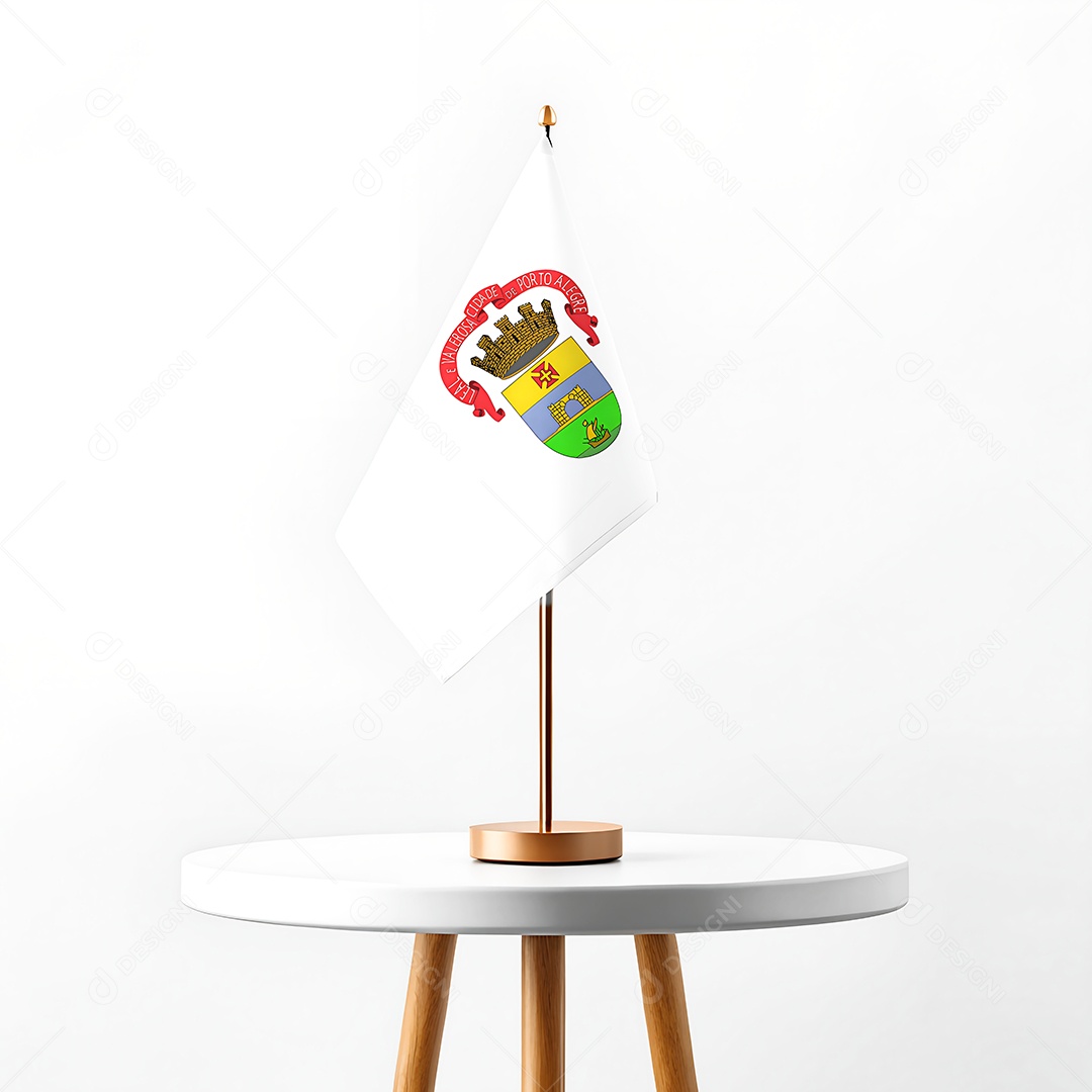 Mini-bandeira da cidade de Porto Alegre hasteada em cima de uma mesa
