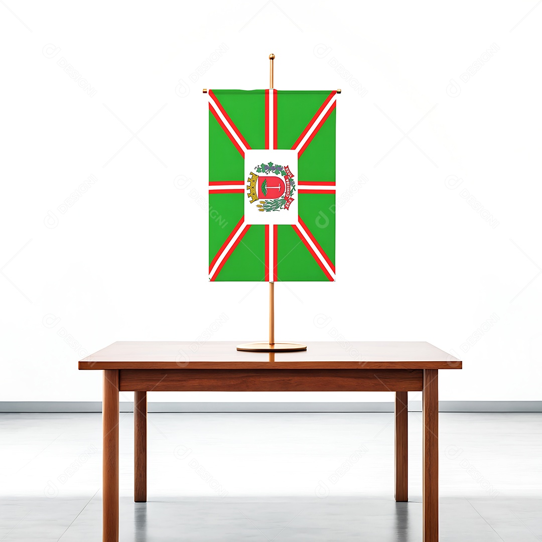 Bandeira da cidade de Curitiba em cima de uma mesa