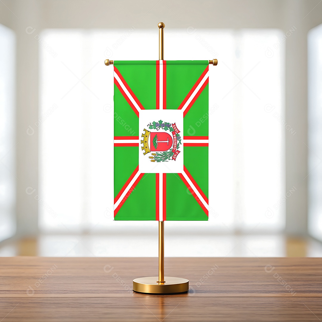 Mini-bandeira da cidade de Curitiba em cima de uma mesa