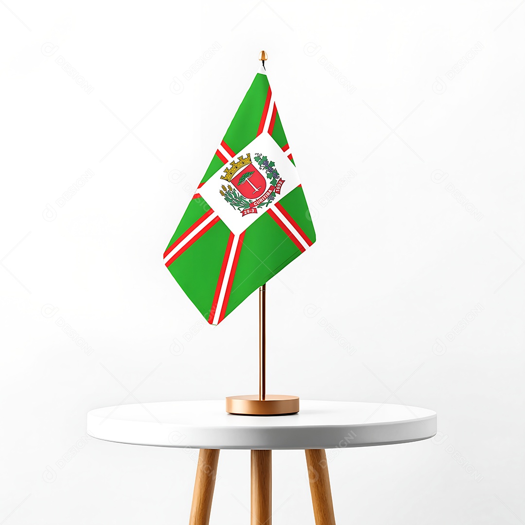 Mini-bandeira da cidade de Curitiba hasteada em cima de uma mesa