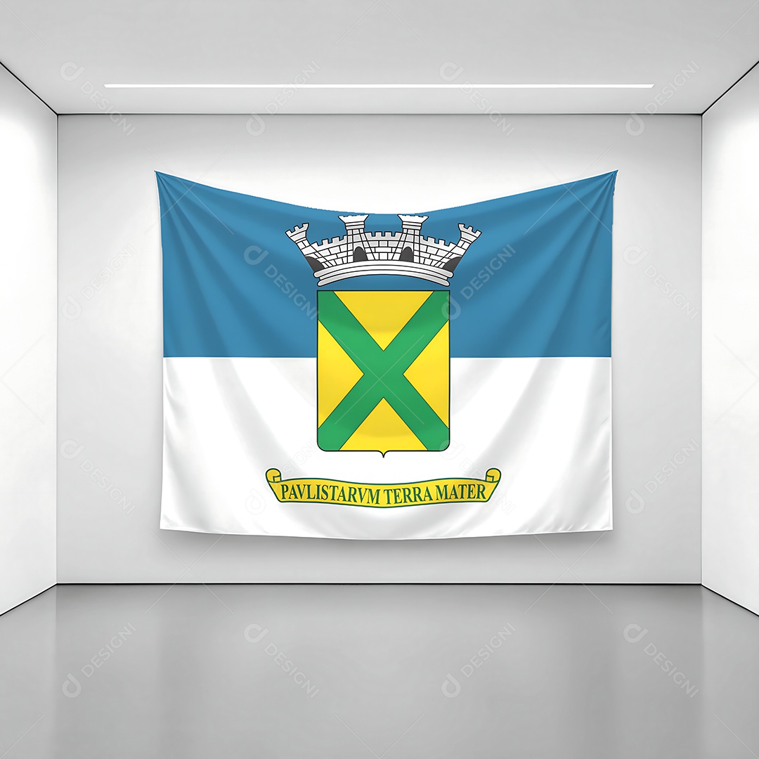 Bandeira da cidade de Santo André exposta em uma parede de uma sala