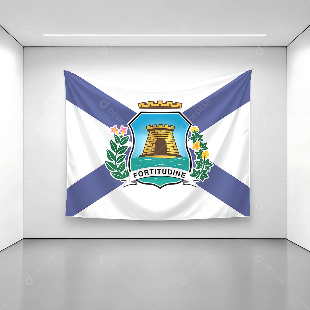 Bandeira da cidade de Fortaleza exposta em uma parede de uma sala